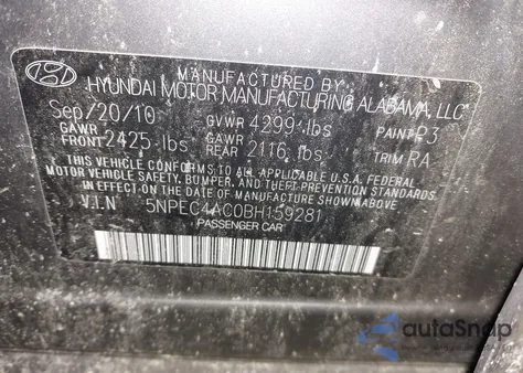 2011 Hyundai Sonata Se from USA, damaged, VIN 5NPEC4AC0BH159281